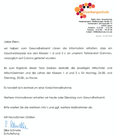 Information: Beurlaubung der Klassen 1d und 3c (Teilstandort